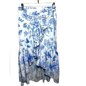 Floral Asymmetrical Skirt in Blue and White